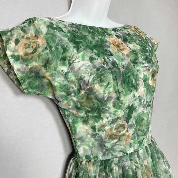 Vintage 1950s Dress Party Chiffon Short Sleeves Floral A-Line Women Union Label - Picture 13 of 16